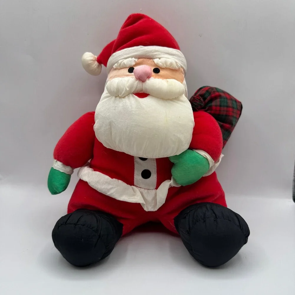 Gibson Greetings Santa Claus Plush Medium Red Plaid Toy Bag Vintage 1984